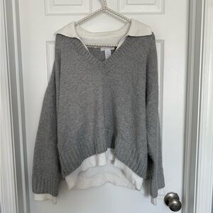 Design History Gray and Cream V-Neck Sweater